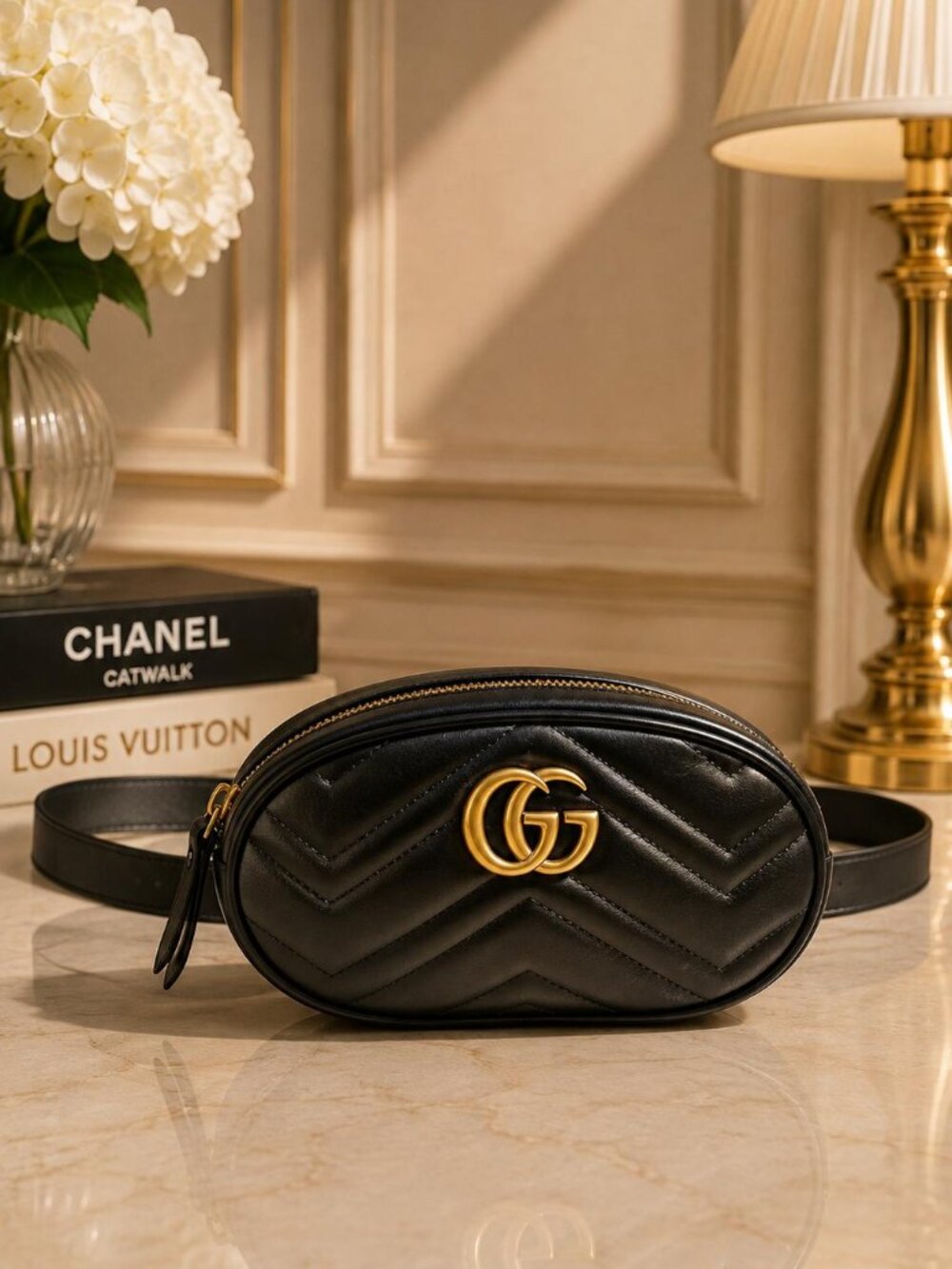 Authentic Gucci GG Marmont Matelassé Black Leather Belt Bag Waist Crossbody